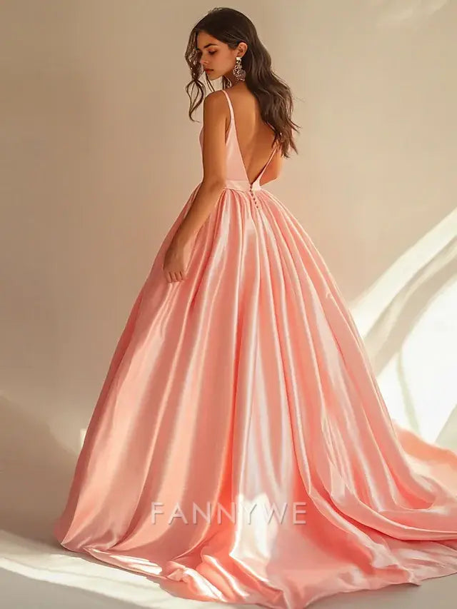 FannyWe Simple Pink A-Line Prom Elegant Dress Formal Wedding Floor Length Sleeveless Spaghetti Strap Satin with Slit